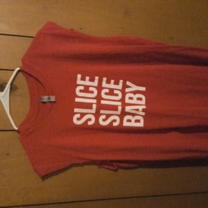 Funny t-shirt with the saying slice slice baby on it with the sleeve cut out